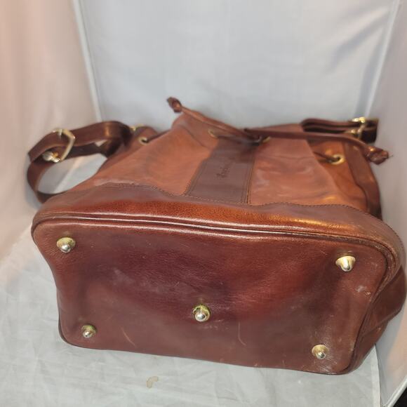 Marino Orlandi Leather Italian Bucket Bag NewBuck Cognac Drawstring Purse tartan - Picture 7 of 12